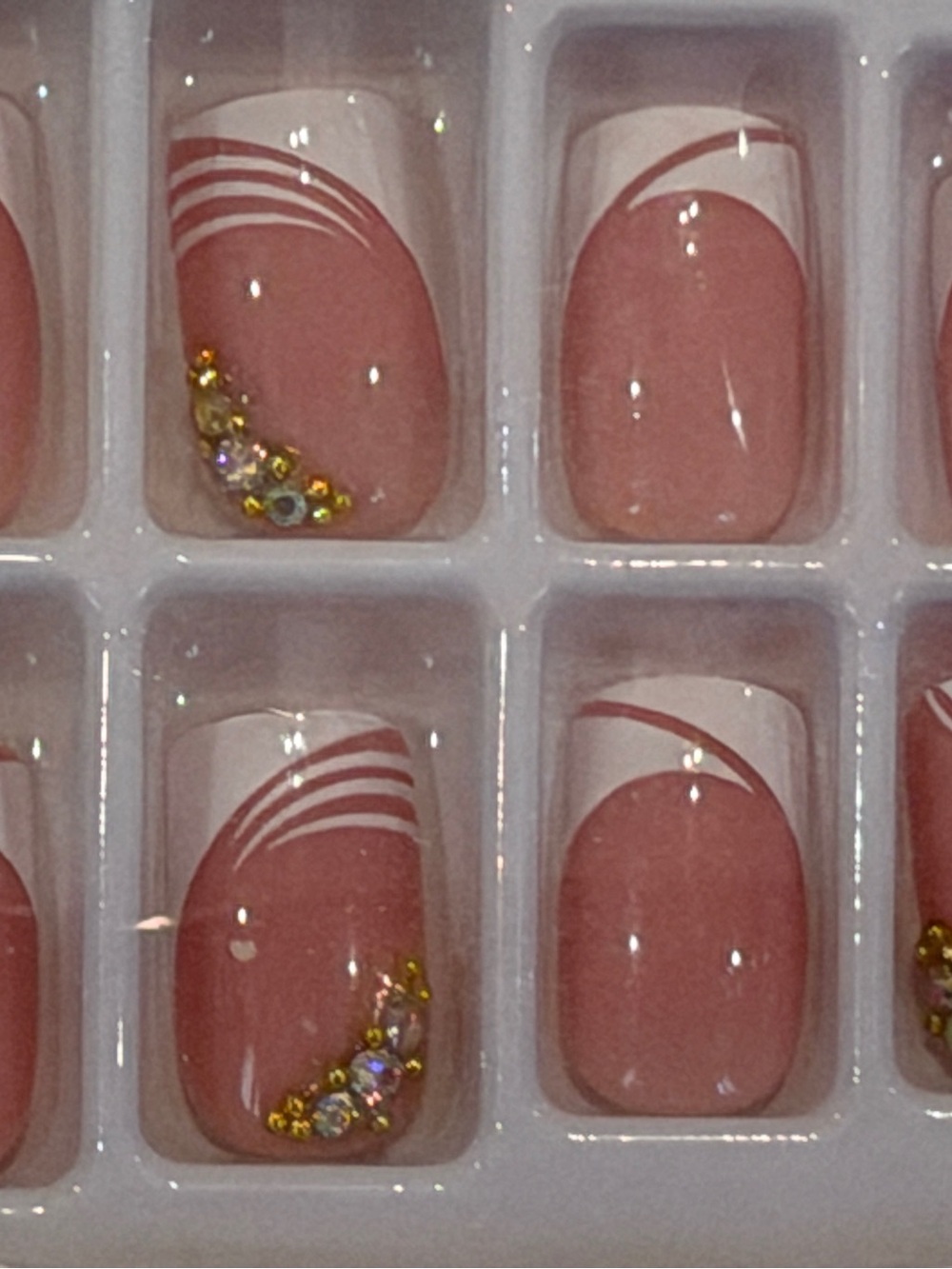 Pink French Tip Rhinestone Press On Nails Clean Girl Glam
